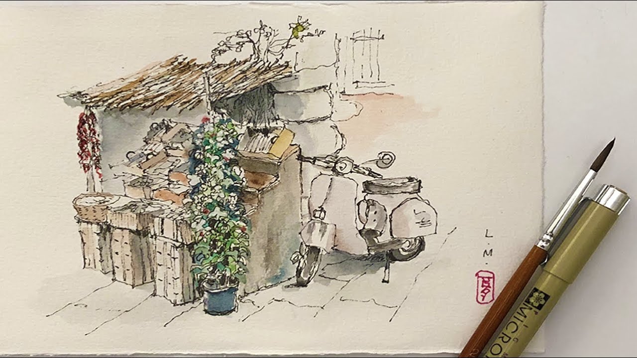 Pen and Watercolor – Virtual Urban Sketch of A Roadside Stand