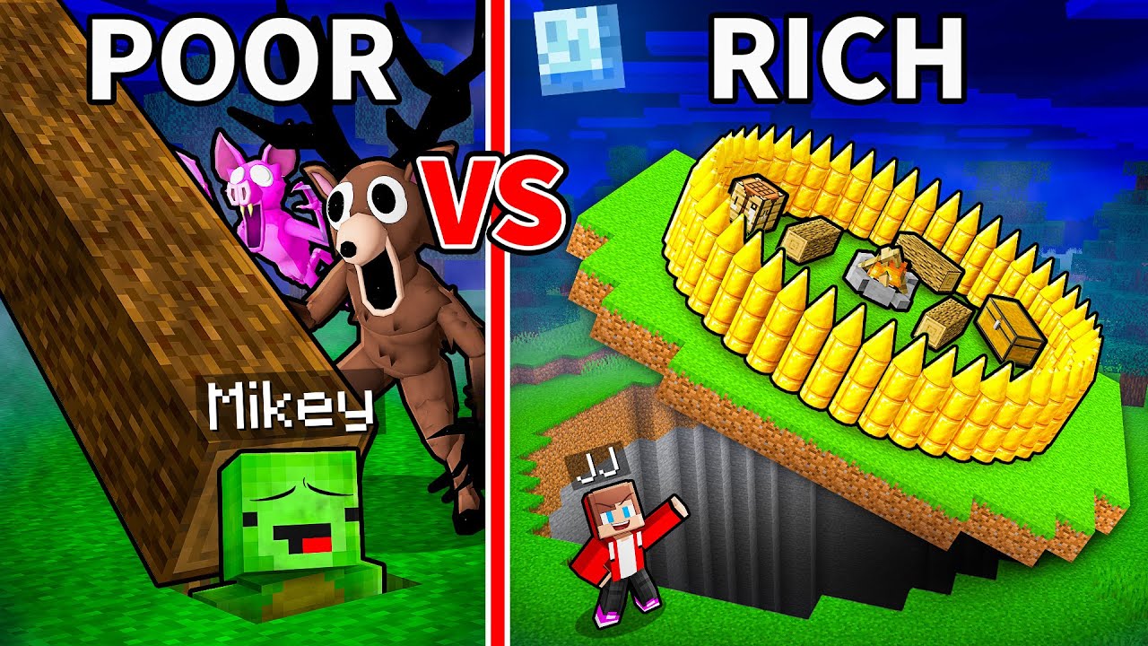 JJ and Mikey: POOR vs RICH SECRET BASE BATTLE in Minecraft - Maizen (99 Nights In The Forest)