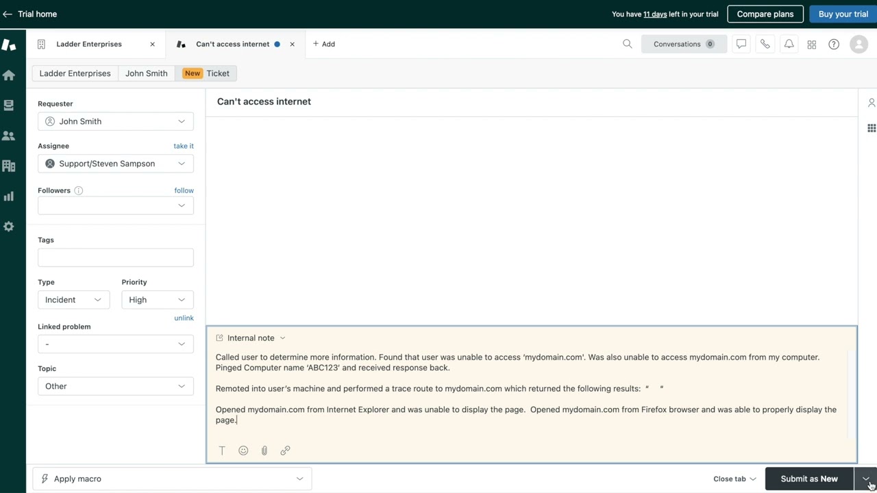 Zendesk Helpdesk Ticket Incident Documentation Demo