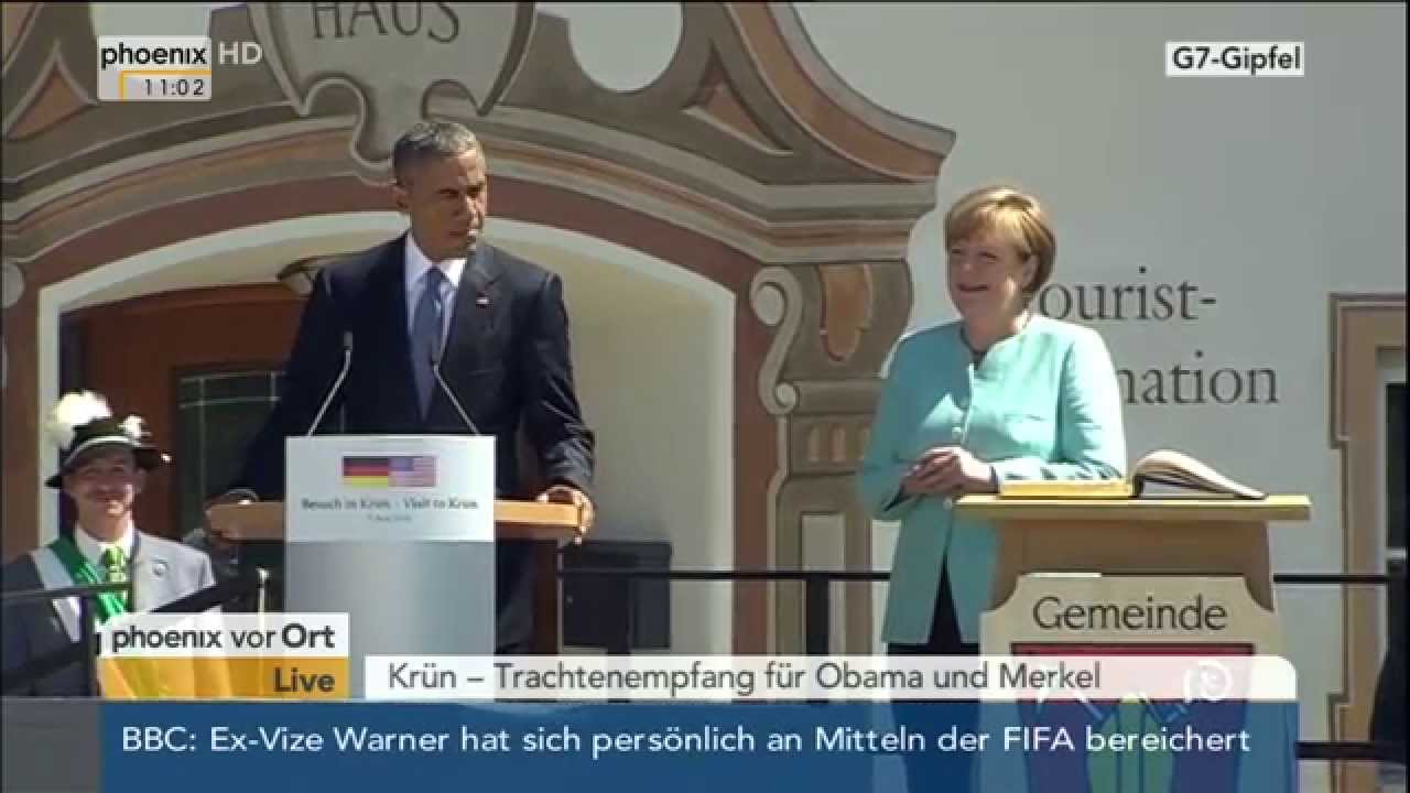 G7-Gipfel in Elmau: Trachtenempfang von Barack Obama und Angela Merkel am 07.06.2015