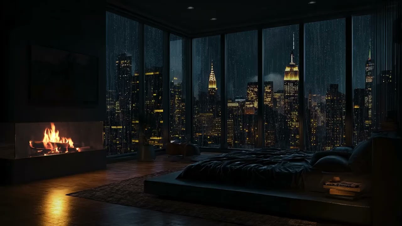 (No Ads)☔Rainy Night in a Luxury Manhattan Apartment | Window City Lights for Deep Sleep & Relax