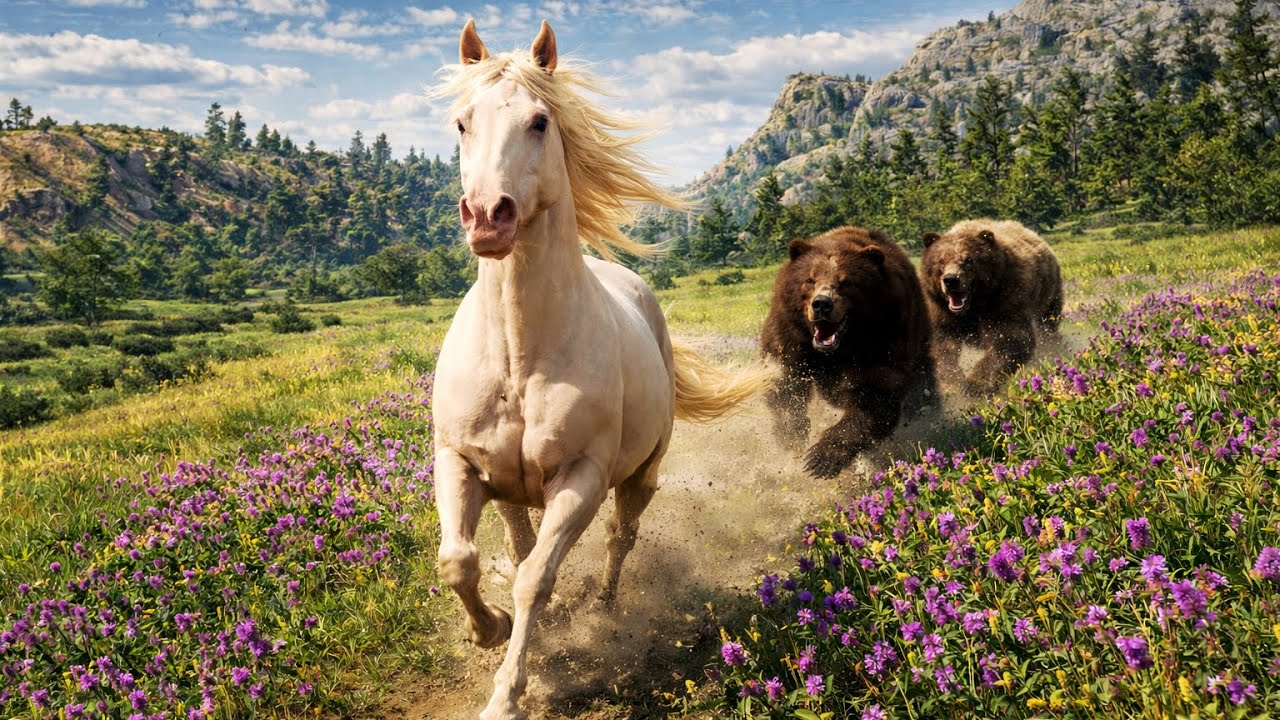 Run for Survival: Perlino Horse Chased by Two Grizzly Bears