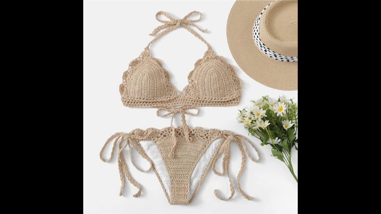 Scalloped Trim Crochet Halter Top With Tie Side Bottoms Bikinis Set