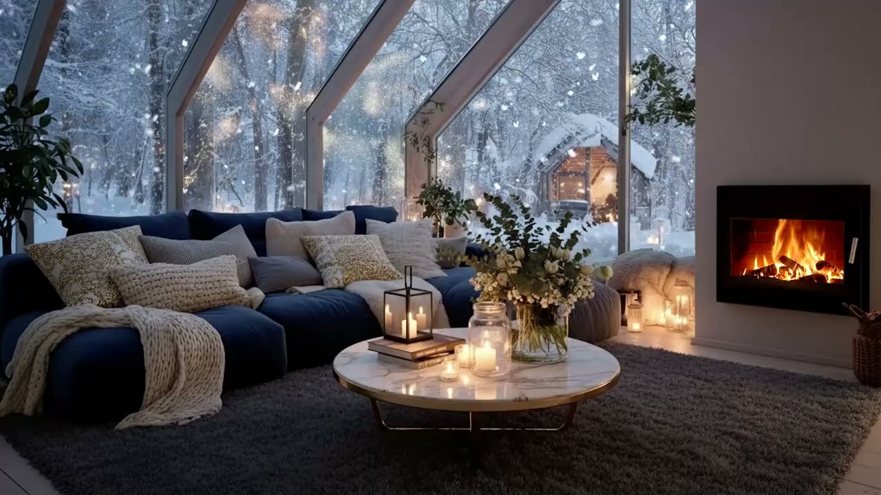Snowfall Piano Nights — falling snow ambience, quiet firelight for deep calm and focus