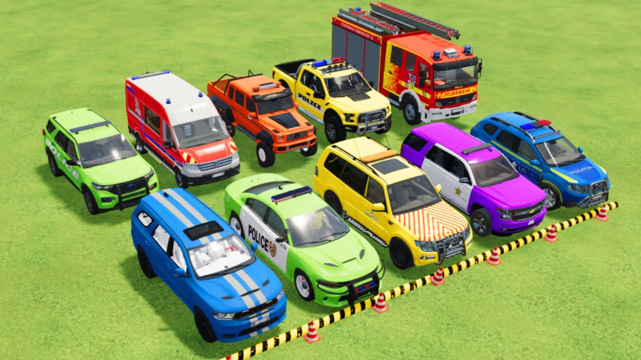 TRANSPORTING POLICE CARS, AMBULANCE, FIRE TRUCK, COLORFUL CARS WITH TRUCK  -FARMING SIMULATOR 22!