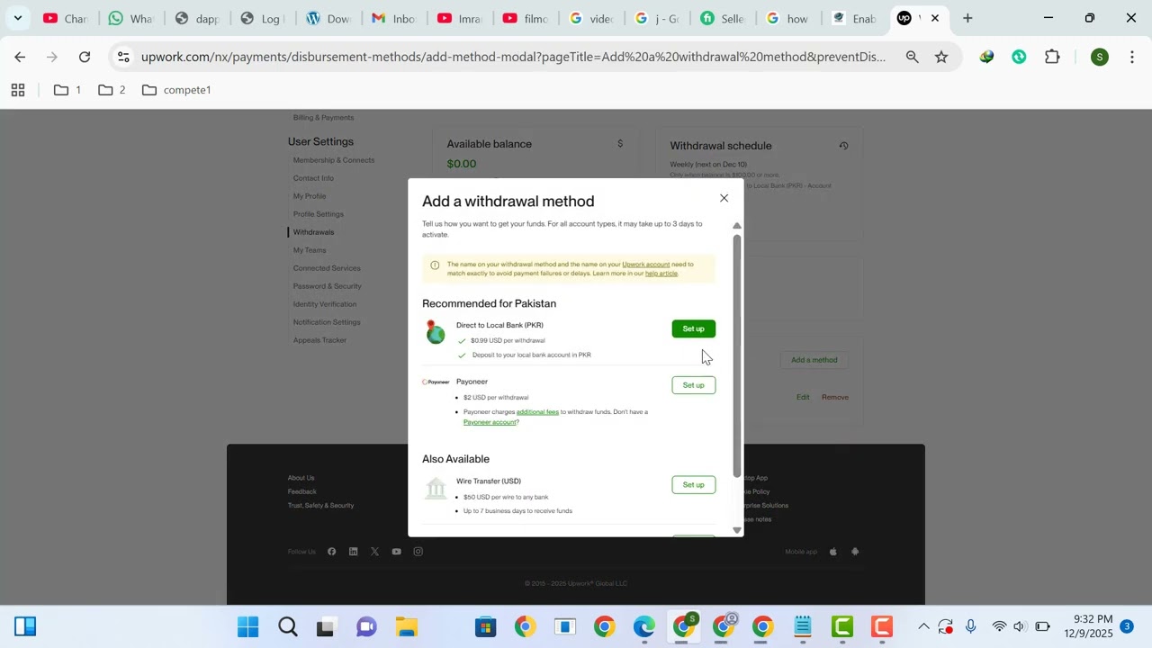 How to add a payment method to withdraw funds from Upwork freelancer account only just in 2 minutes?