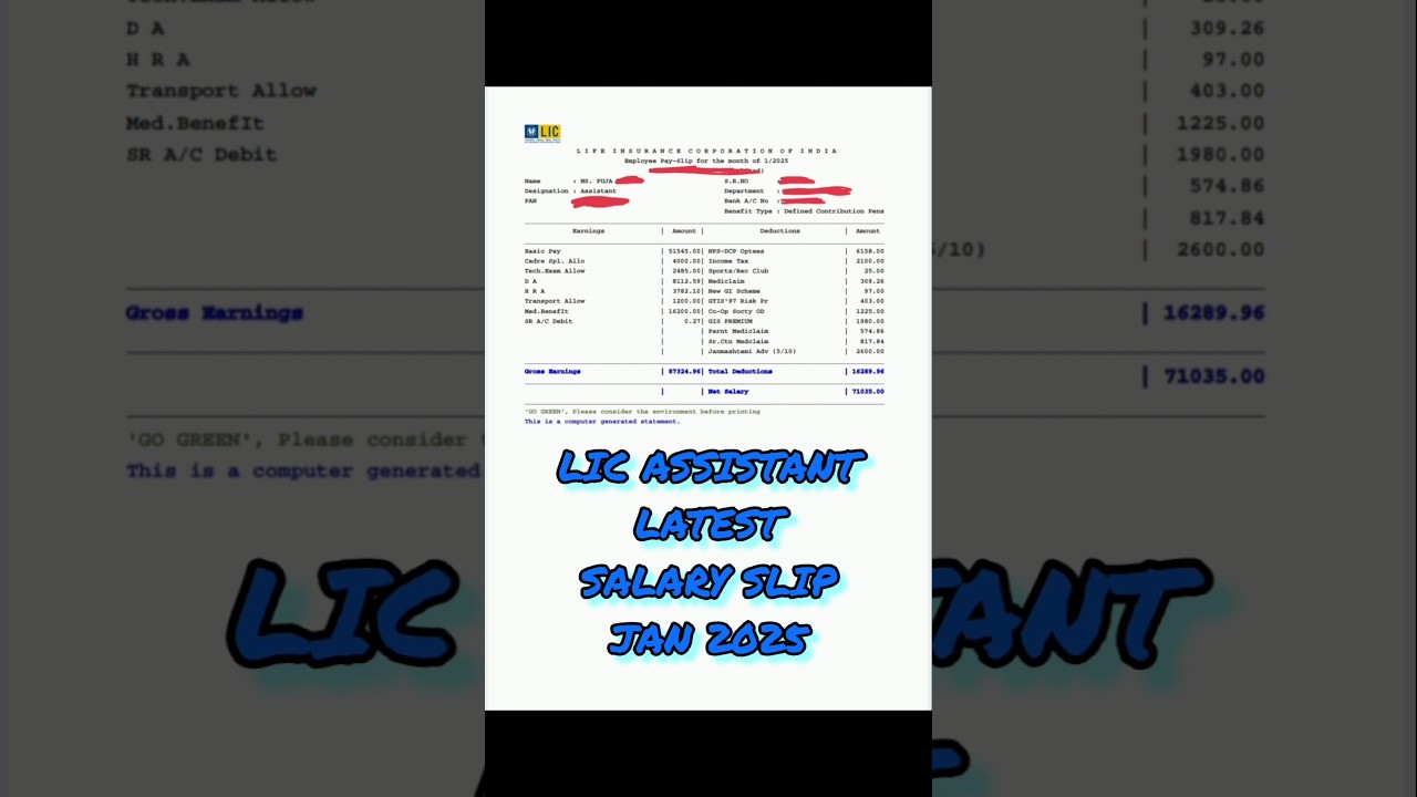 LIC ASSISTANT LATEST SALARY SLIP... #licassistant #salaryslip #sbi #lic #rbi #salary #licaao #sbipo