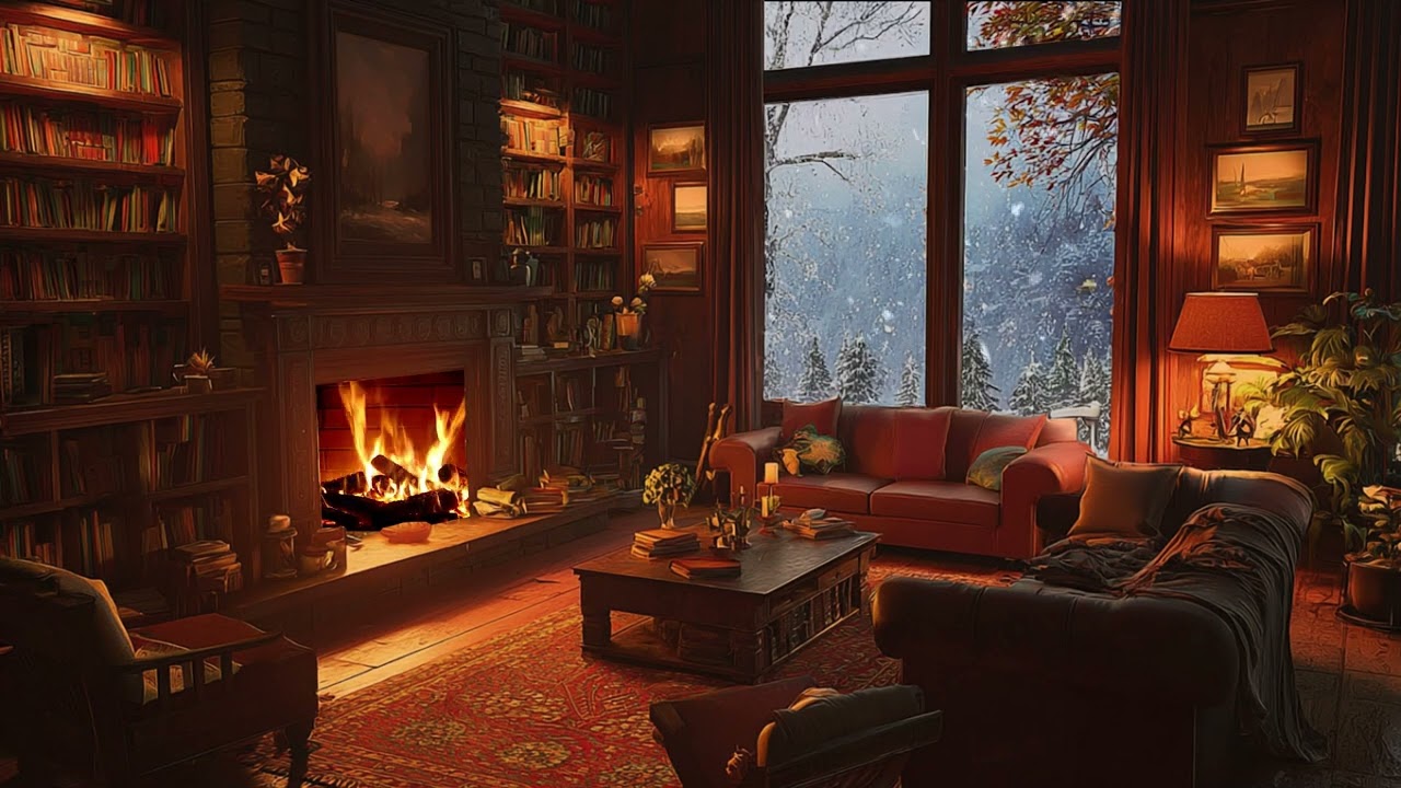 Warm Indoor Ambience with Crackling Fire and Soft Whispering Breeze