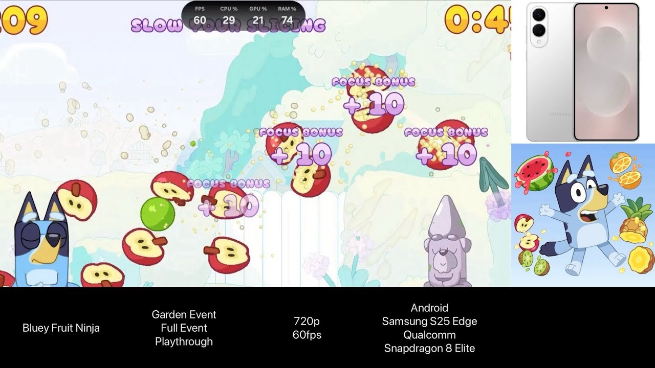 Bluey Fruit Ninja (Android, Samsung S25 Edge) - Garden Full Event