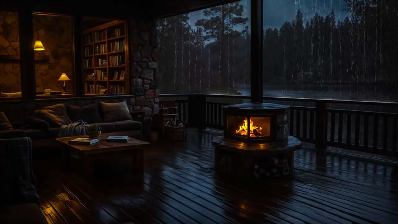 Rain Falling Outside Cozy Forest Porch | Sleep with Rain and Warm Fireplace Ambience - No Ads
