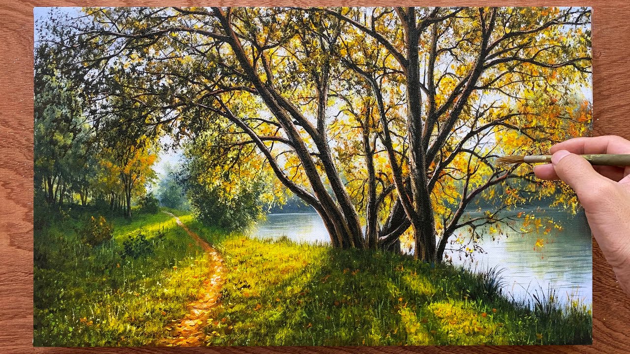 How to paint a lakeside landscape / Acrylic painting techniques / Landscape painting.