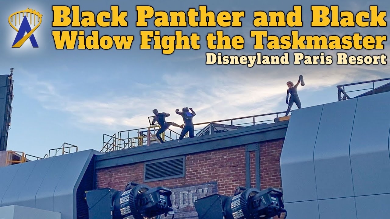 Black Widow and Black Panther fight the Taskmaster at Avengers Campus in Disneyland Paris Resort