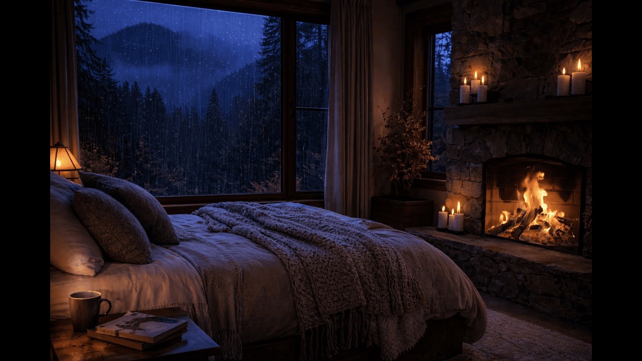 Cozy Bedroom on a Rainy Night 🌧️ Fireplace Sounds for Relax, Study, and Sleep