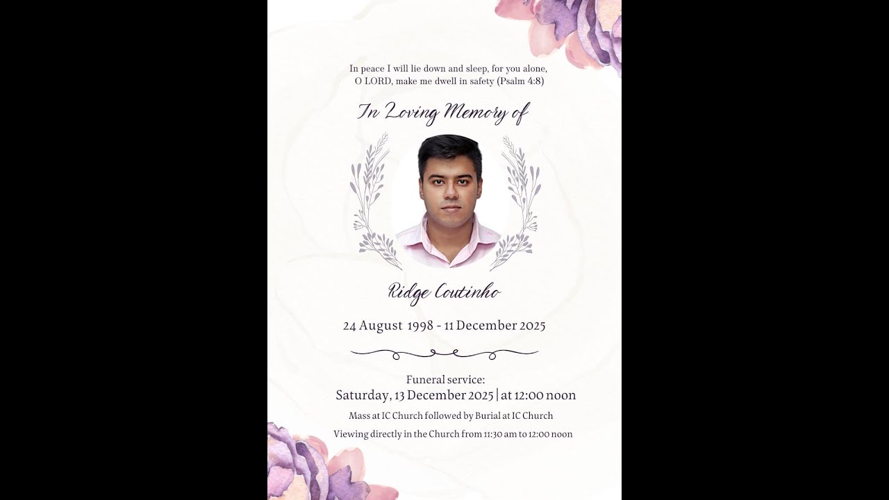 Funeral Service of Ridge Coutinho on 13.12.25, Live Streaming 11.30 am Onwards