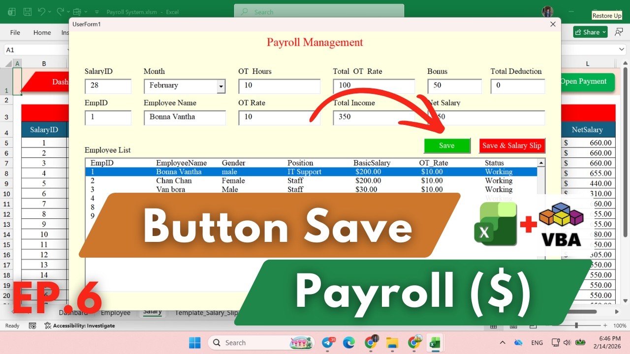 Save Payroll Data from UserForm → Sheet Salary