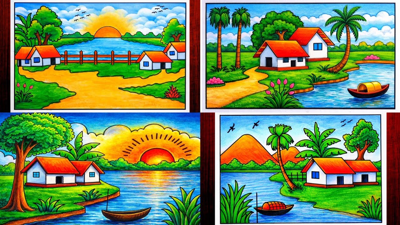 How To Draw Easy Village Landscape Drawing | Beautiful Waterfall & Sunset Scenery Step by Step