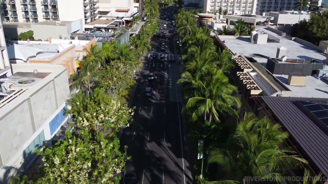 Over Kalākaua Ave in Waikiki Beach, Hawaii, USA