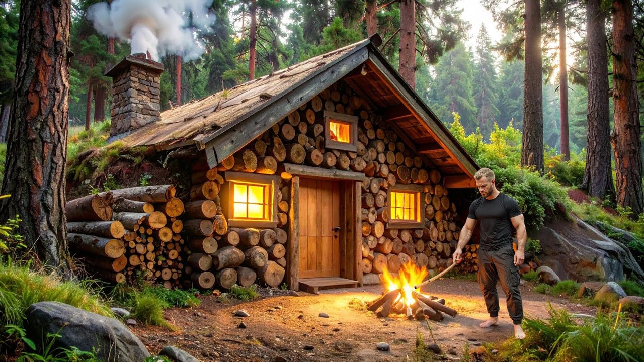Building a Wooden Cabin in the Forest Under a Giant Fallen Tree | Fishing, Stream Bathing & Cooking