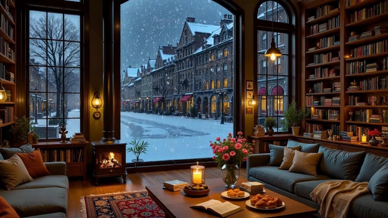 Smooth Jazz Music at Cozy Winter Coffee Shop Ambience⛄Jazz Relaxing Music & Fireplace Sound