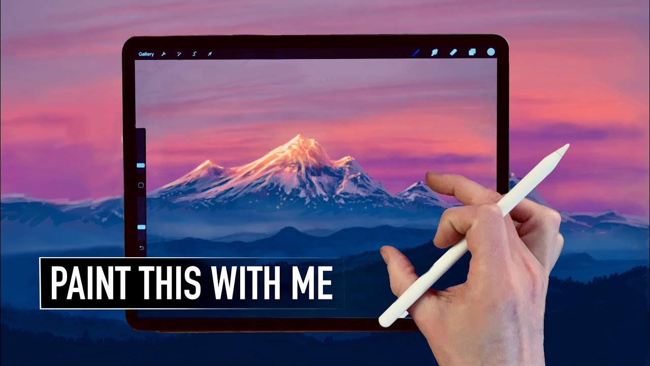 IPAD PAINTING TUTORIAL - Mountain sunset landscape art in Procreate