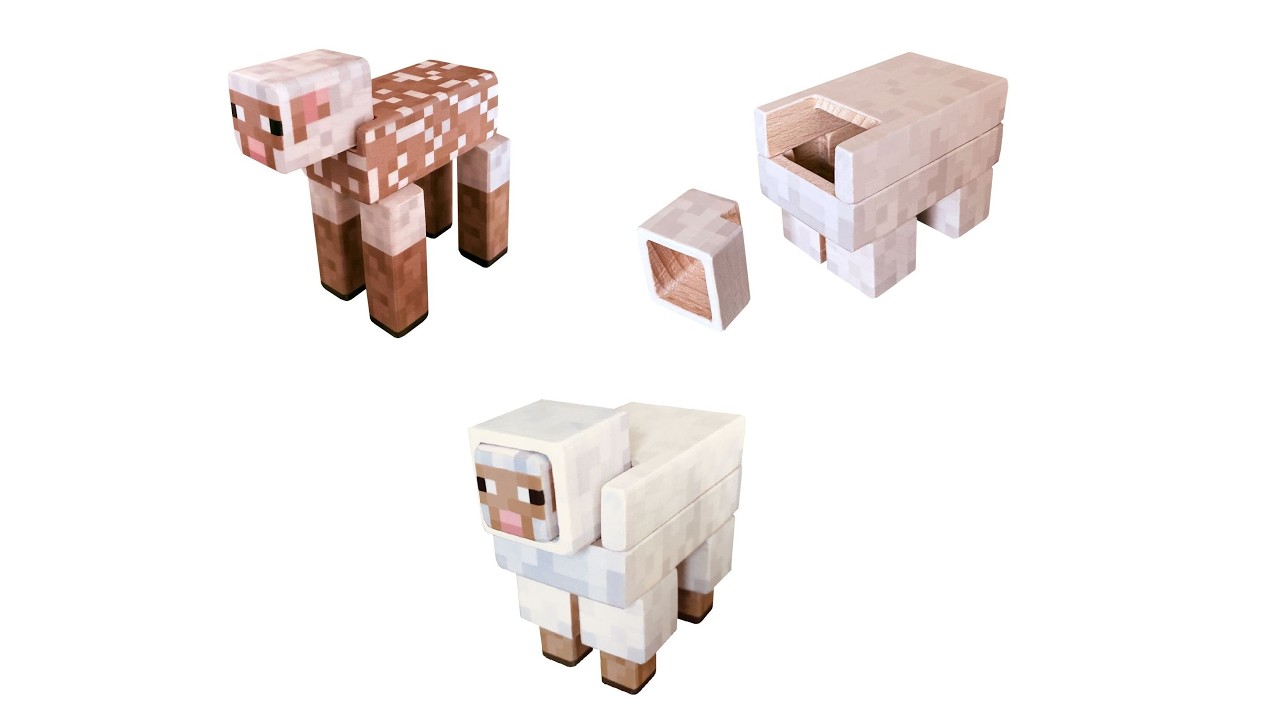 Wooden Minecraft sheep figure