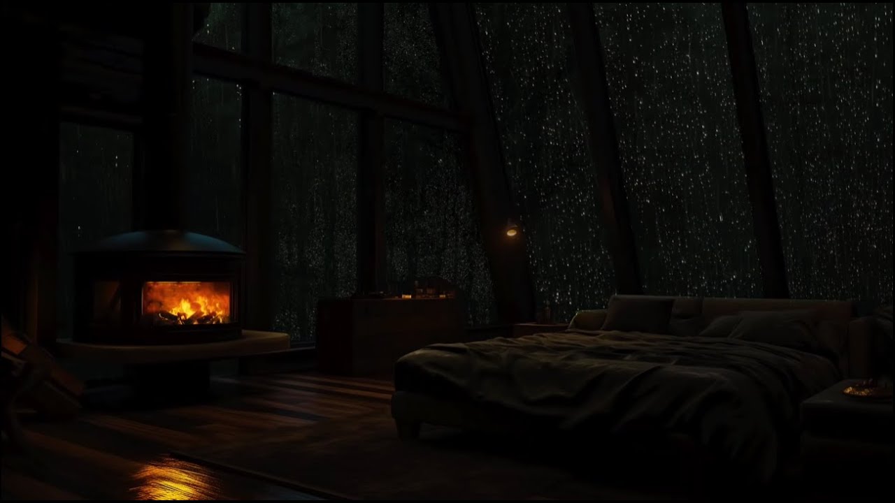 Deep Night Thunder 🌧️ Fireplace Rain Ambience for Insomnia & Relaxation 🔥