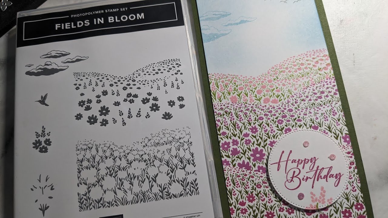 Slim line card with Fields in Bloom, & create multi coloured flowers with Stampin' Write markers