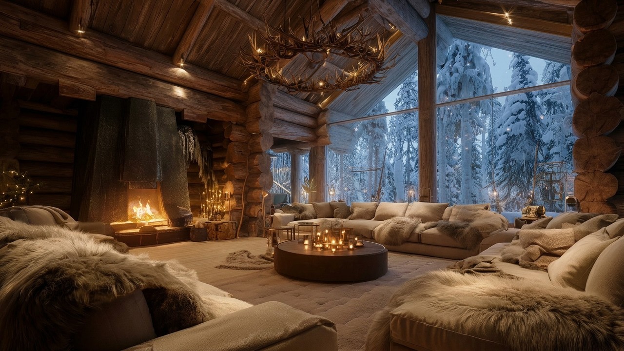 Lapland Log Cabin Fireplace 🔥 Real Crackling Fire Sounds | 4K | 3 Hours