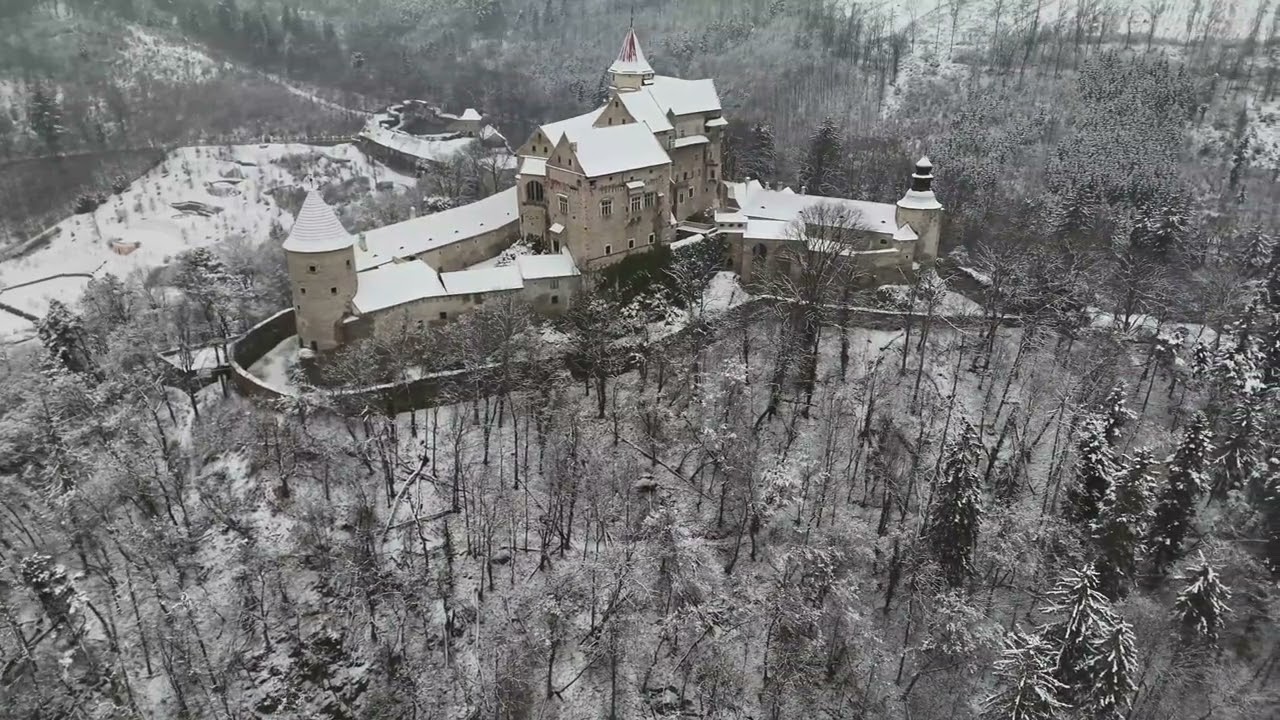 Pernstejn Castle in winter, 4K video from a DJI Flip drone.Czech Republic - Europe.
