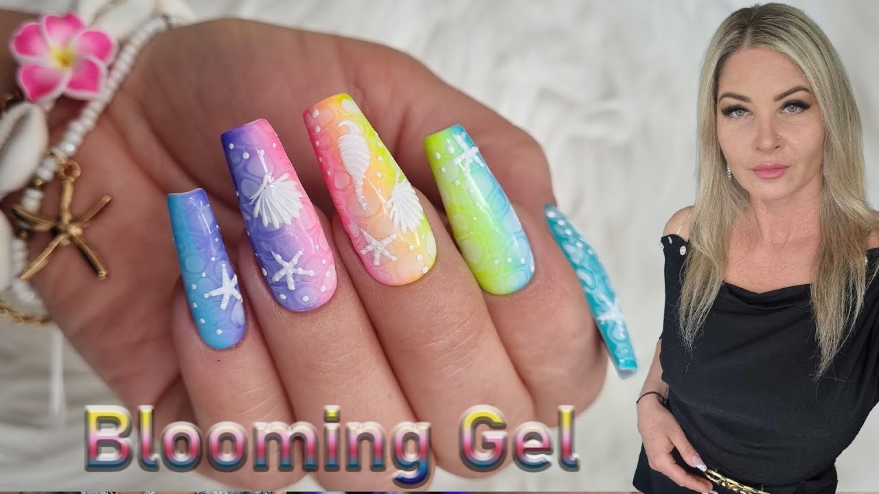 Summer ombre nail art with blooming gel and 3d shells 🐚