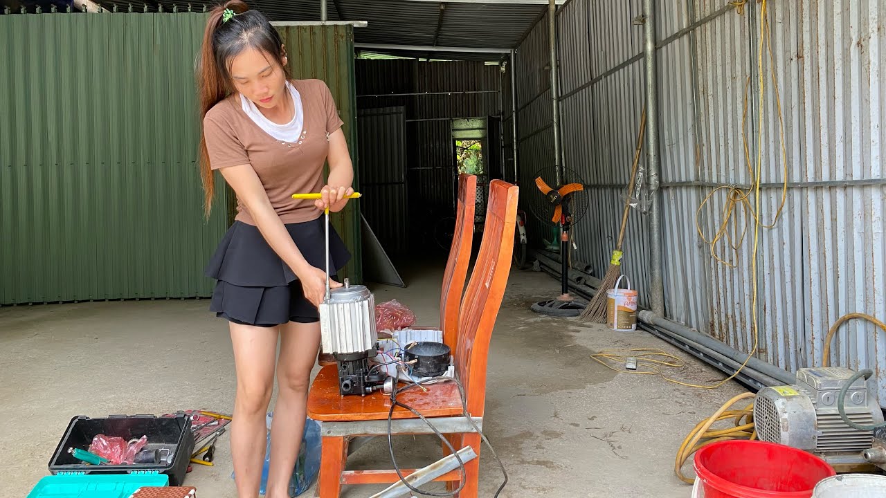 Talented girl repairs broken home car washer and replaces pressure accessories