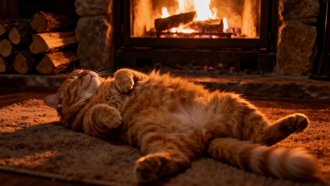 😺 Cozy Cat by the Fireplace 🔥 24/7 Relaxing ASMR Sounds for Sleep (No Music)