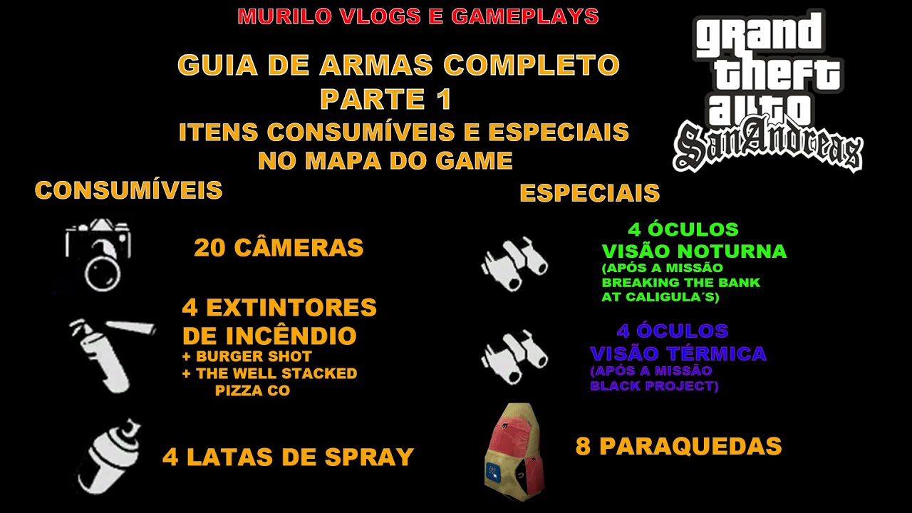 Gta San Andreas - Guia de armas completo #1 - Todos os itens consumíveis e especiais do mapa