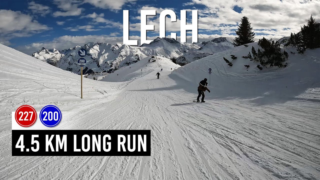 4.5 km long run via red 227 and blue 200 pistes in Lech St Anton Ski Arlberg (UltraHD 4K)