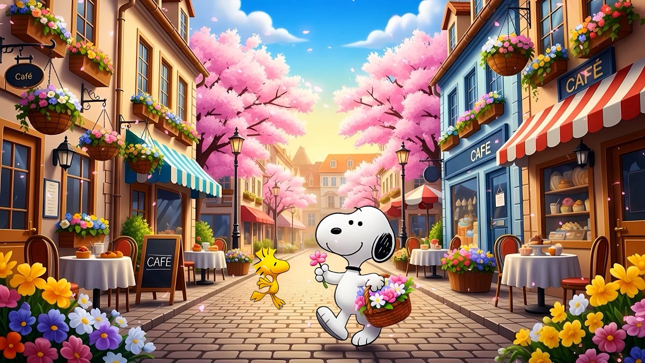 🌸 Snoopy’s Cherry Blossom Street Stroll 🌼  Relaxing Lofi for Study & Chill ☕ Cozy Lofi to Relaxation