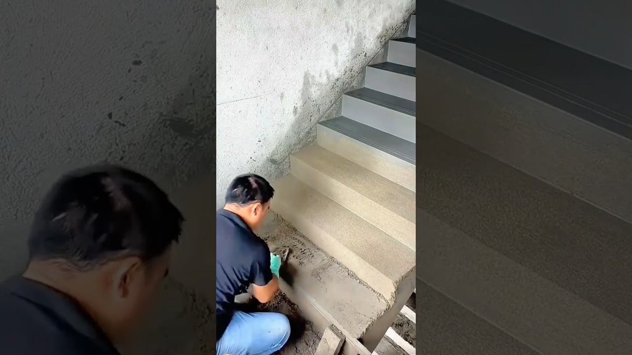 Meticulous Craftsmanship Smoothing the Concrete Base and Finishing the Edges of Newly Built Stairs