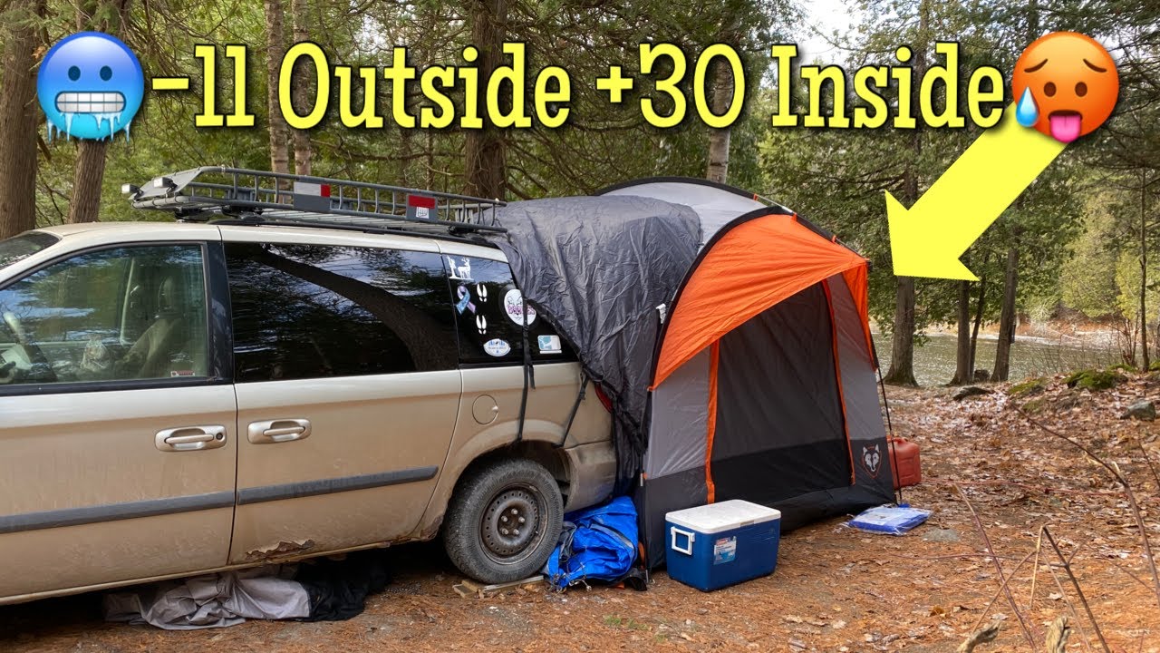 SUV camping tent setup for hunting