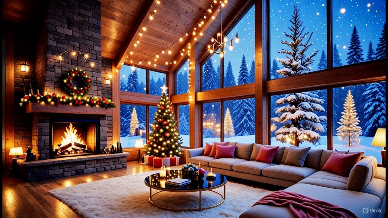 Ambience Christmas Cabin by the Fireplace | Snowfall, Warm Lights Relaxing Mood | FESTADO.CINEMATI