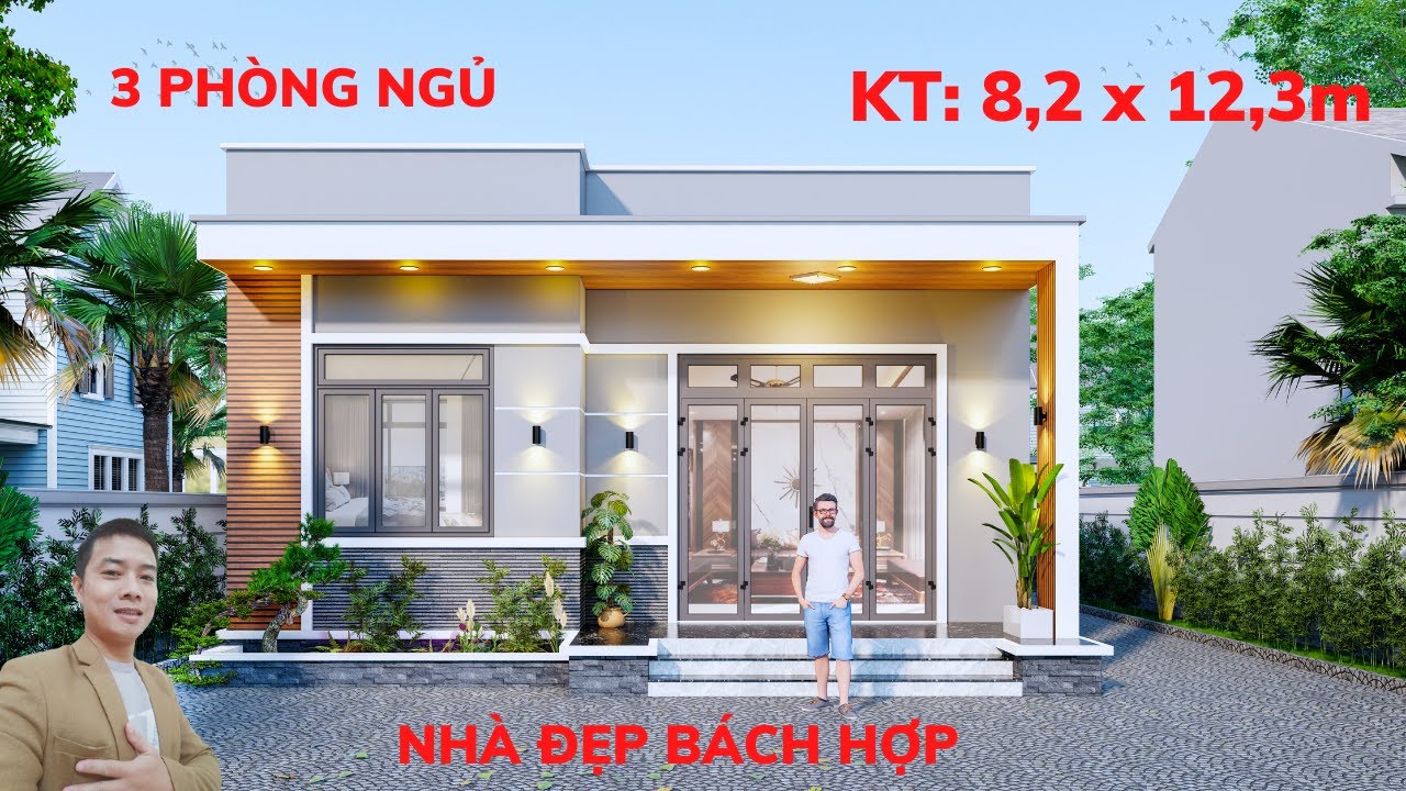 Nhà Cấp 4 Mái Bằng Đẹp Hiện Đại, 3 Phòng Ngủ, Kích Thước 8,2x12,3 m | Nhà Đẹp Bách Hợp