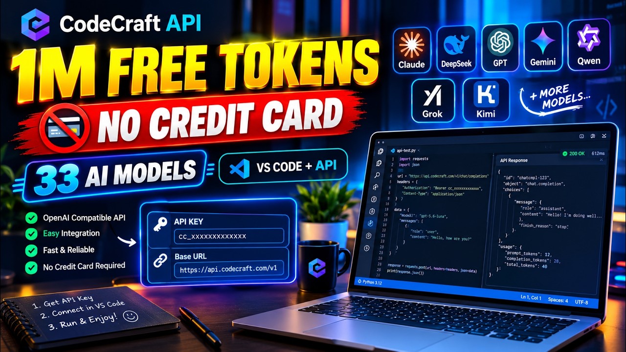 1 Million FREE AI Tokens + 33 AI Models (No Credit Card) | CodeCraft API + VS Code