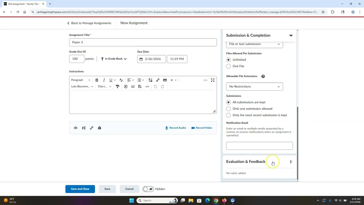 Creating a Basic Assignment in Brightspace D2L
