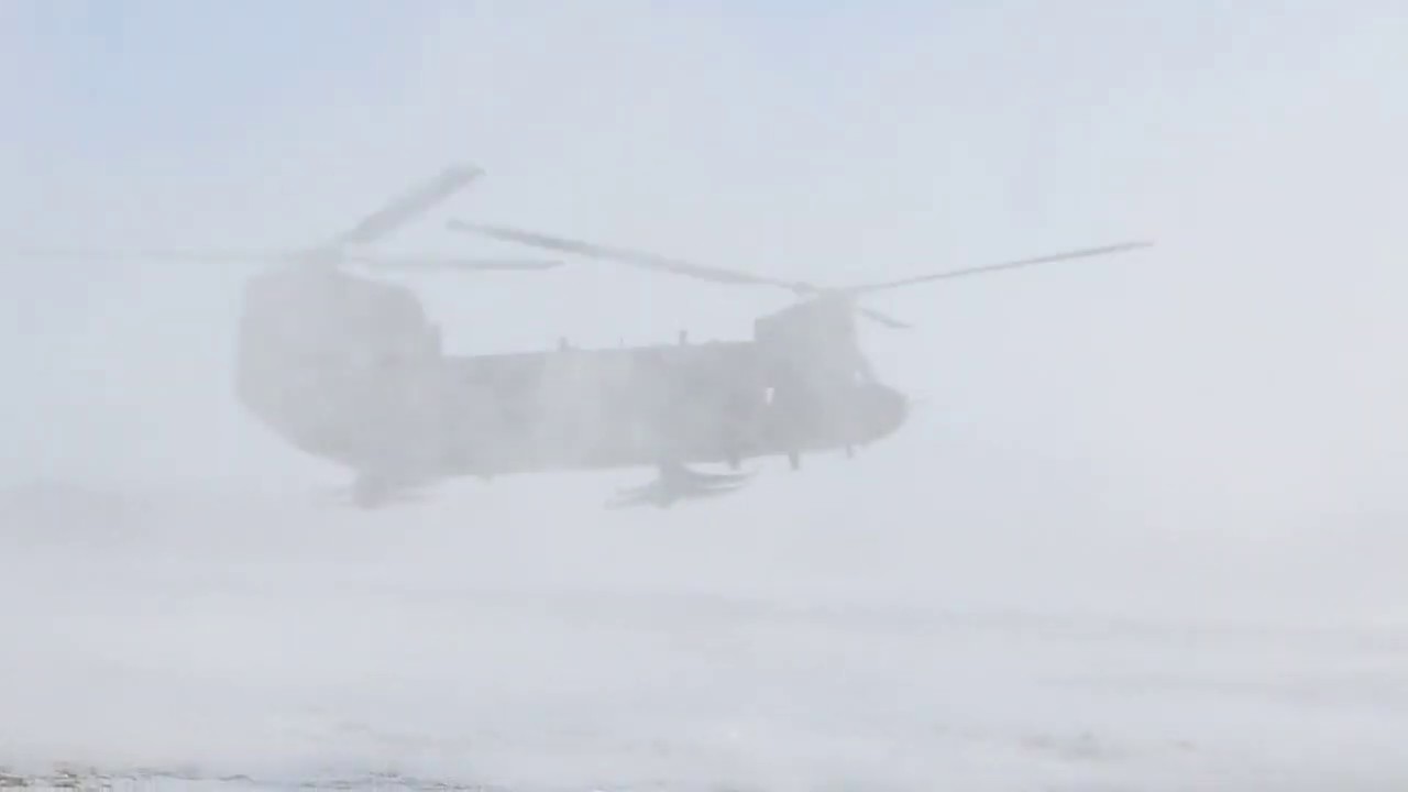 US Army CH-47 Chinook snowy landing