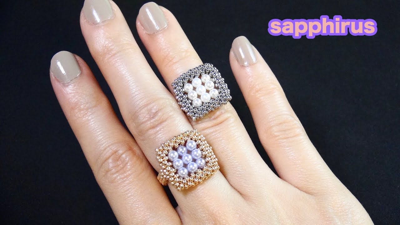 【ビーズステッチ上級】シードビーズとパールだけで作るスクエアリング☆作り方 ビーズリング 　How to make a square ring with seed beads and pearls.