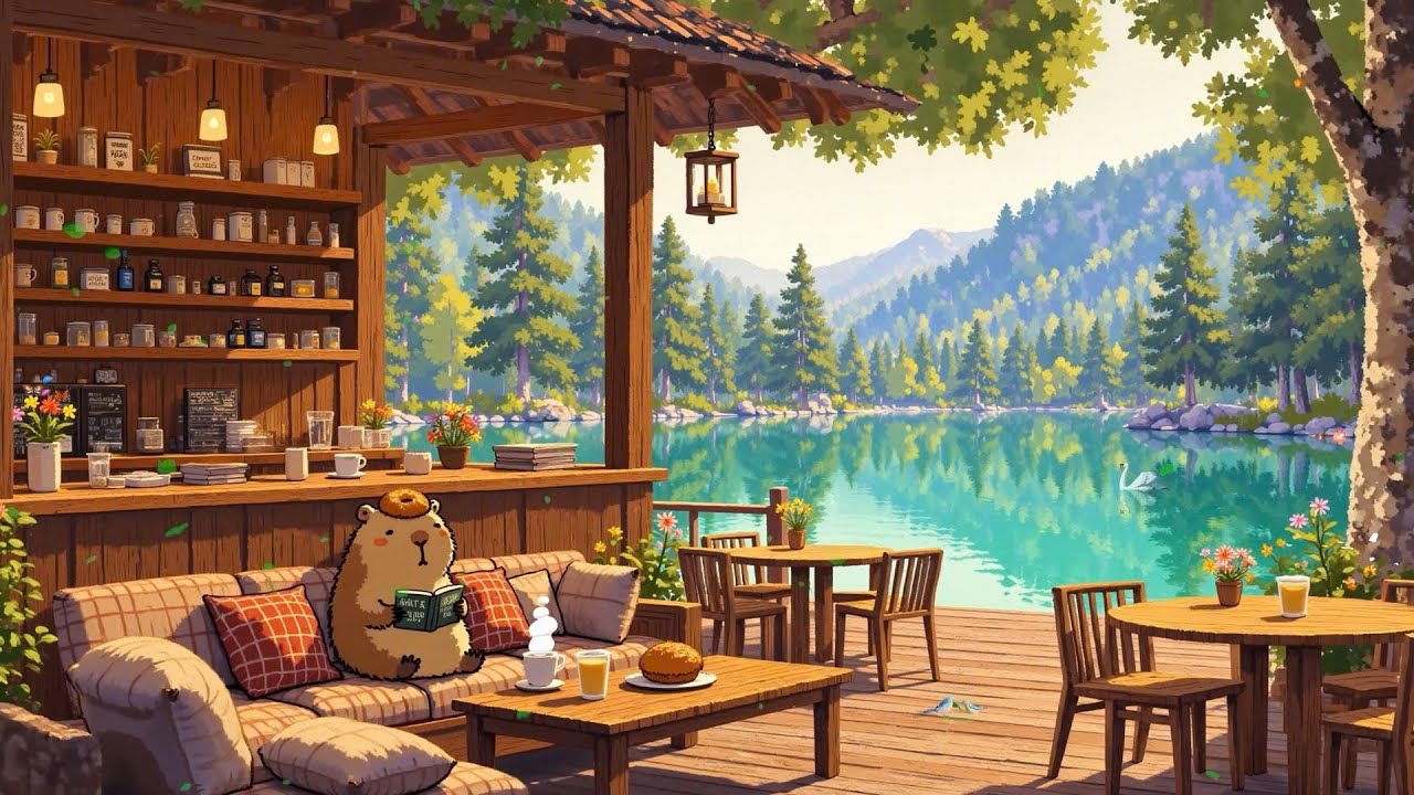 Relaxing Lakeside Morning Porch Ambience ☕ Lofi Café Chill ❄️Lofi Deep Focus to study/work/relax