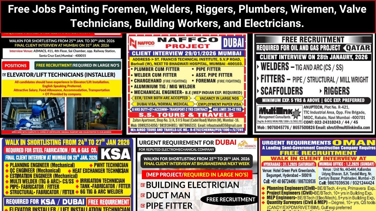 Free Jobs Painting Foremen, Welders, Riggers, Plumbers, Wiremen, Valve Technicians, Electricians.