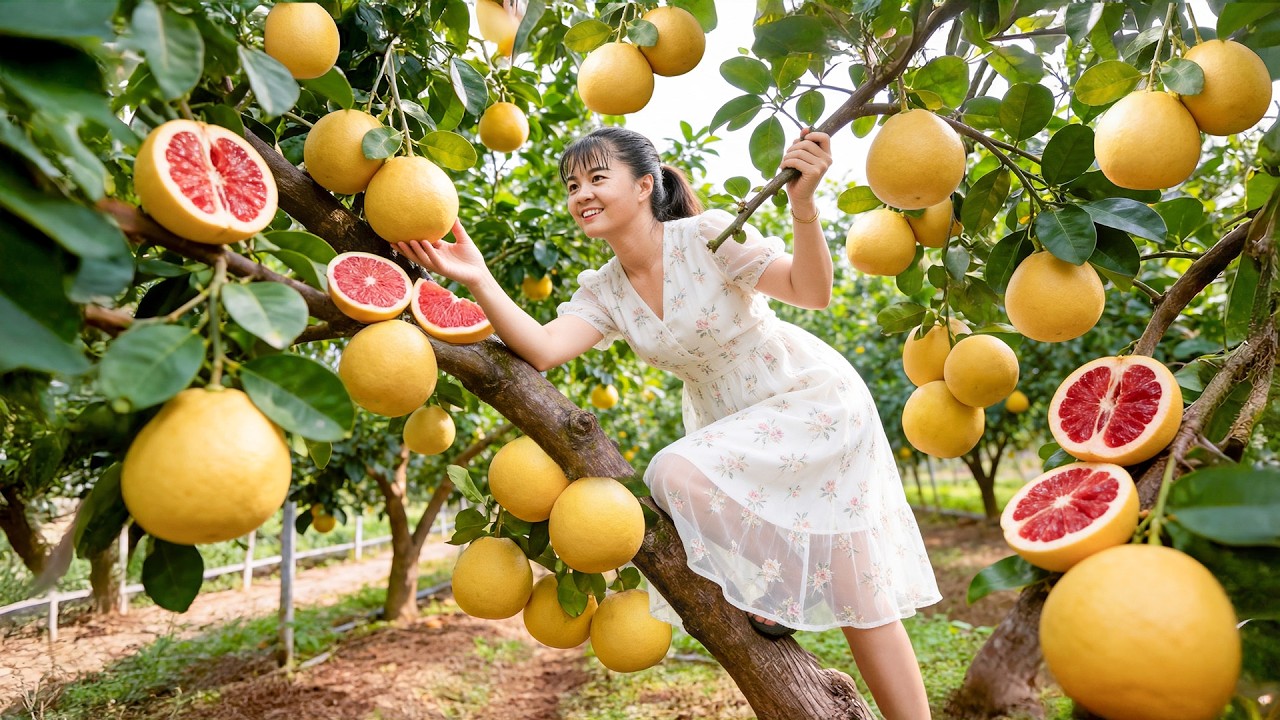 Satisfying Harvest | Climbing a Tall Tree, Harvesting Spring Red Pomelos to Sell