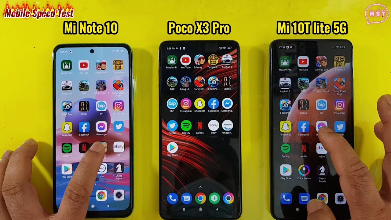 Redmi Note 10 vs Poco X3 Pro vs Xiaomi Mi 10T Lite 5G Speed Test Comparison MST official