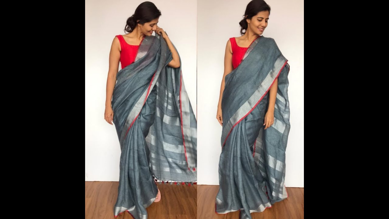 Dark Grey Handwoven Linen Saree | Mirra Clothing