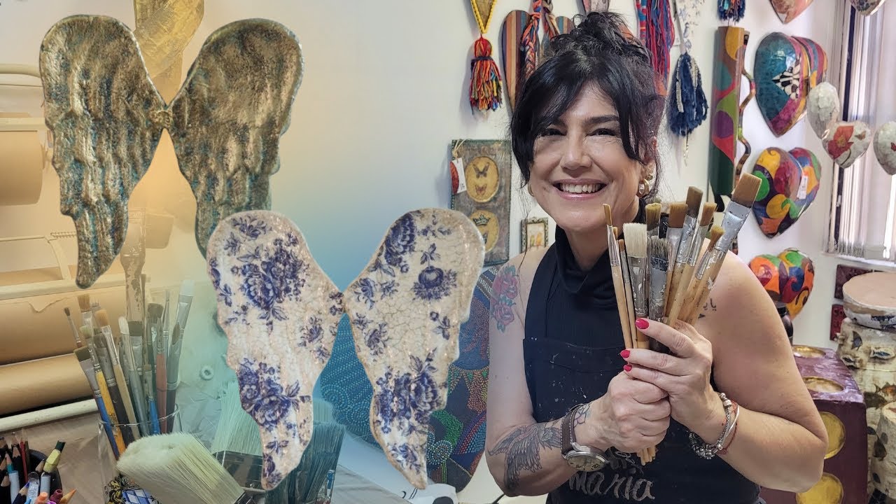 TRUQUE: Como fazer  Aparência de  CERÂMICA PORTUGUESA e LATÃO no PAPEL MACHÉ em escultura de ASAS.
