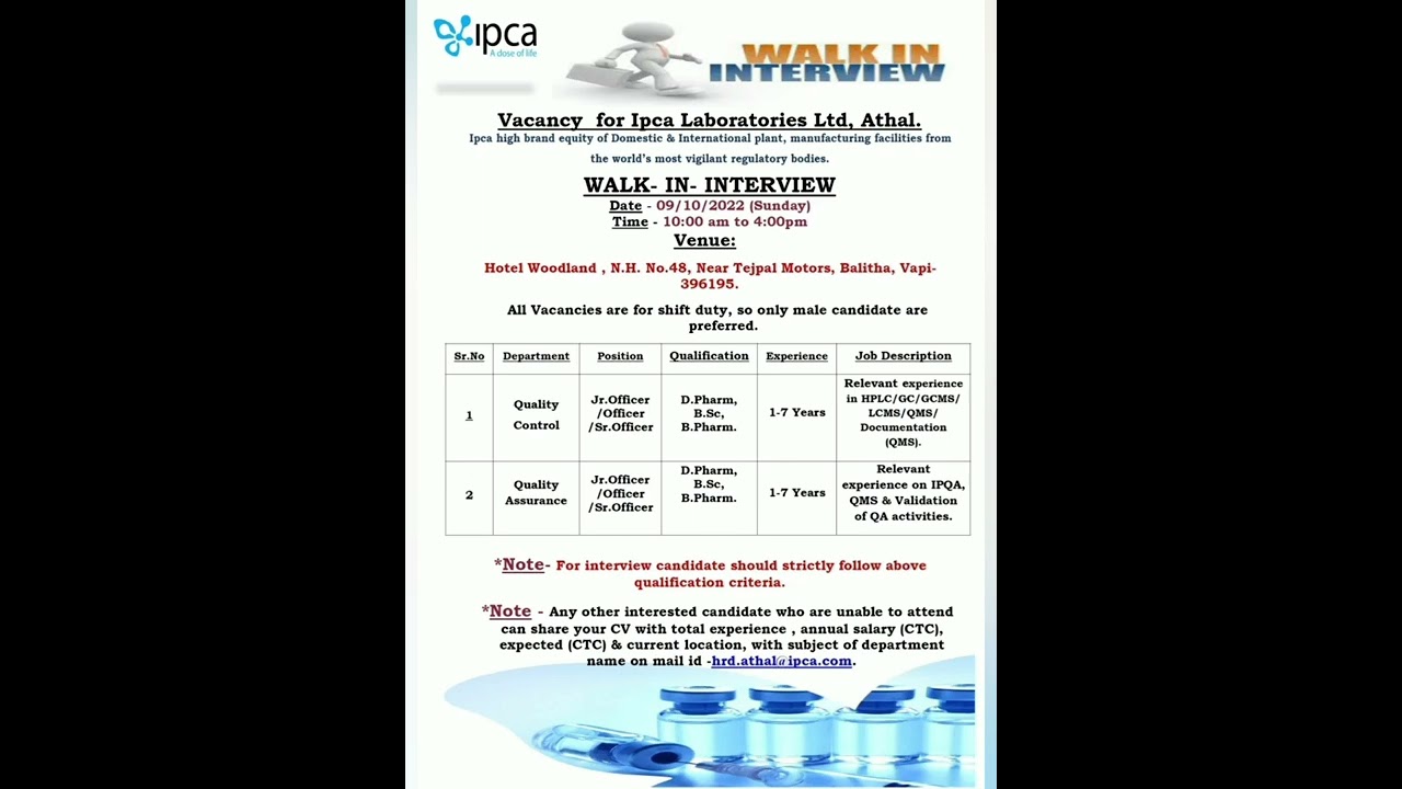 IPCA Laboratories - Walk-In Interviews for Quality Assurance, Quality Control on 9th Oct 2022